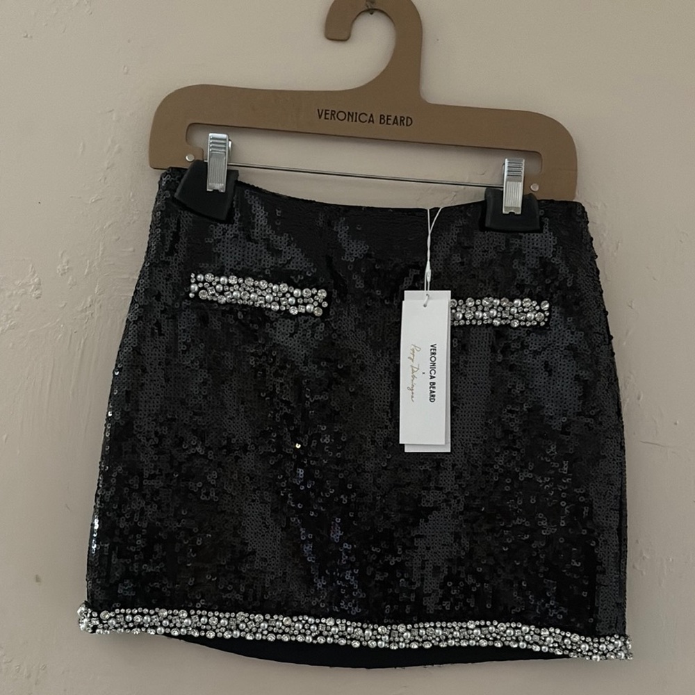 Veronica Beard Black Sequin Mini Skirt with Silver Accents